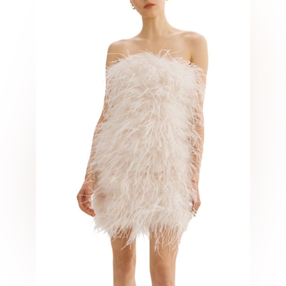 Lamarque Feather Strapless Mini Dress in Blush